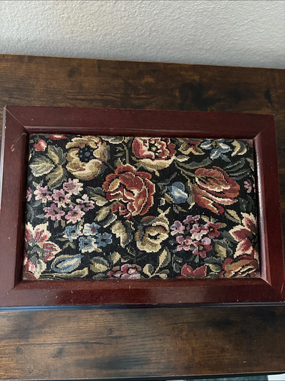 Vintage Wooden Jewelry Box Floral Needlepoint Tapestry Top Brown Burgundy